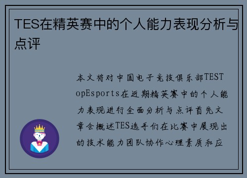 TES在精英赛中的个人能力表现分析与点评
