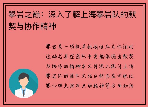 攀岩之巅：深入了解上海攀岩队的默契与协作精神